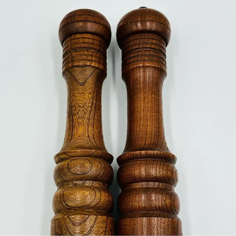 Vintage 1980s Wooden Salt Pepper Grinder Mill Set Large Turned Wood Kitchen Pair